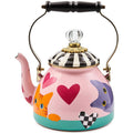 Colorful teapot with animal designs and a striped lid on a white background