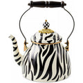 Decorative teapot with zebra pattern, black handle, and gold accents on a white background