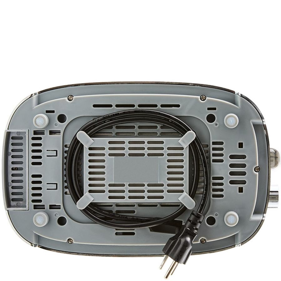Bottom view of a toaster with a cable and plug on a white background