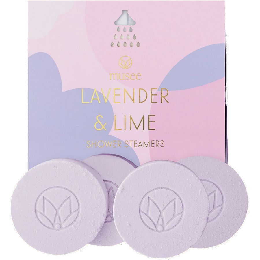 Lavender and Lime shower steamers with packaging on a white background