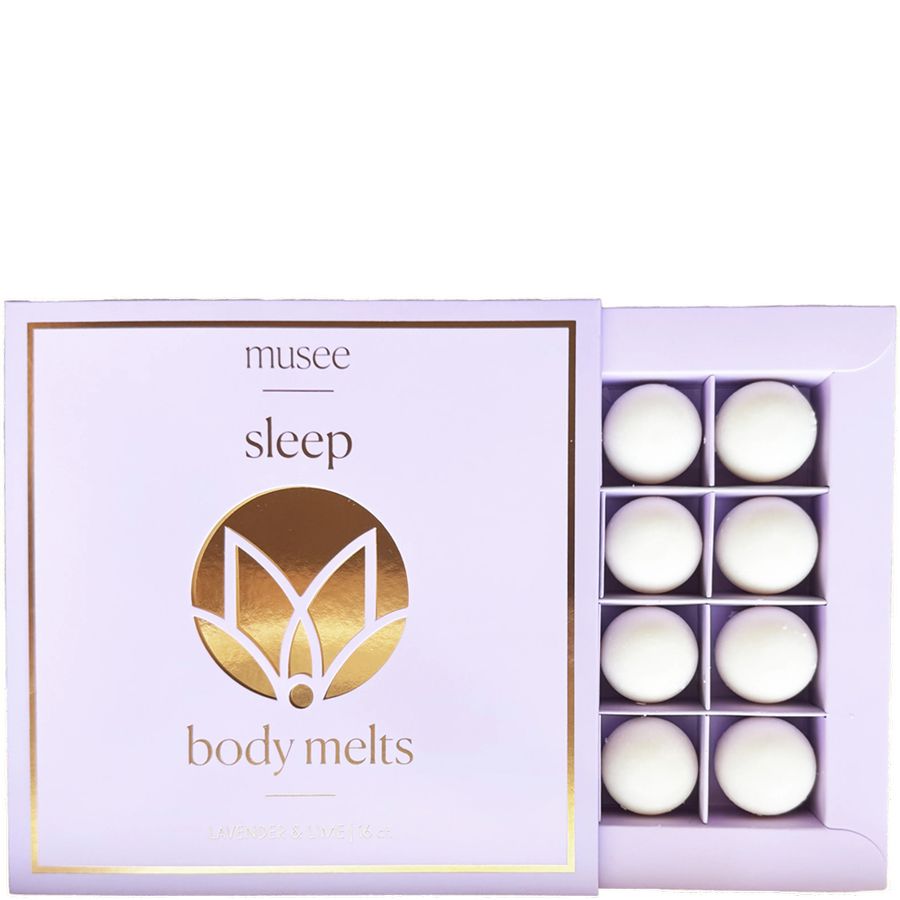 Musee Sleep body melts packaging with white melts in a purple box on a white background
