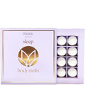Musee Sleep body melts packaging with white melts in a purple box on a white background