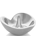 Silver metal bowl with a central cylindrical object on a white background