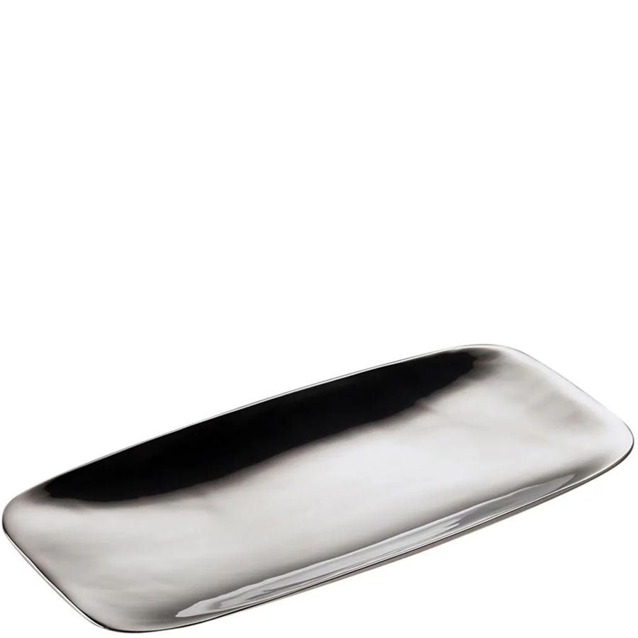 Silver rectangular tray on a white background