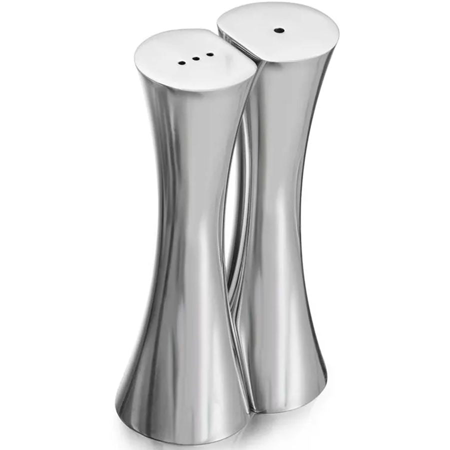 Pair of silver salt and pepper shakers on a white background