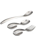 Set of silver cutlery including a spoon, fork, and knife on a white background