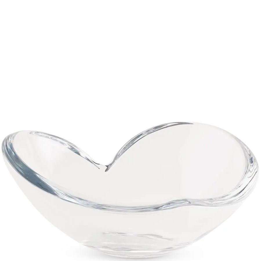 Clear glass heart-shaped bowl on a white background