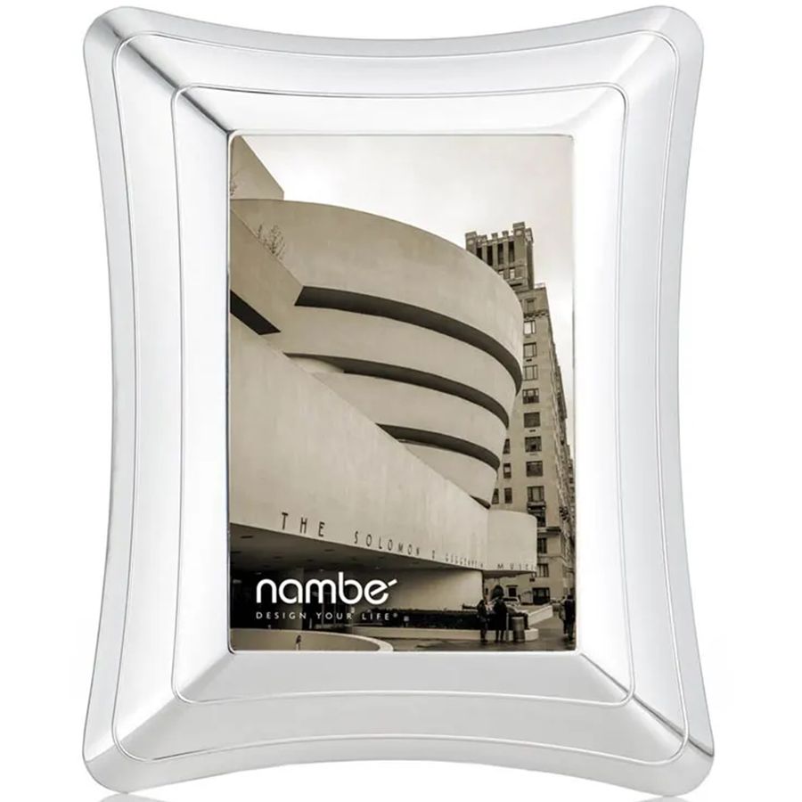 Silver photo frame with a black and white photo of a building, featuring the 'nambe' brand.