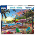 Jigsaw puzzle box featuring a tropical beach scene with palm trees, lounge chairs, and a lighthouse.