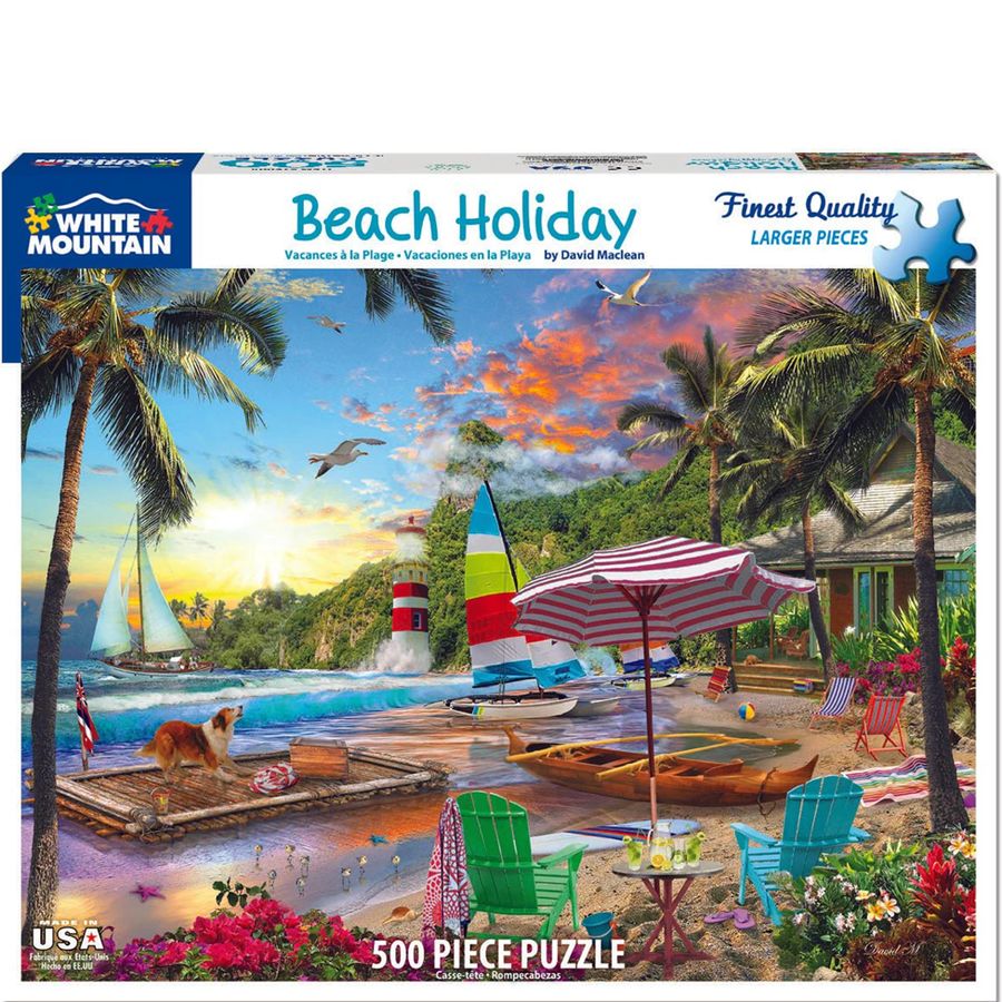 Jigsaw puzzle box featuring a tropical beach scene with palm trees, lounge chairs, and a lighthouse.