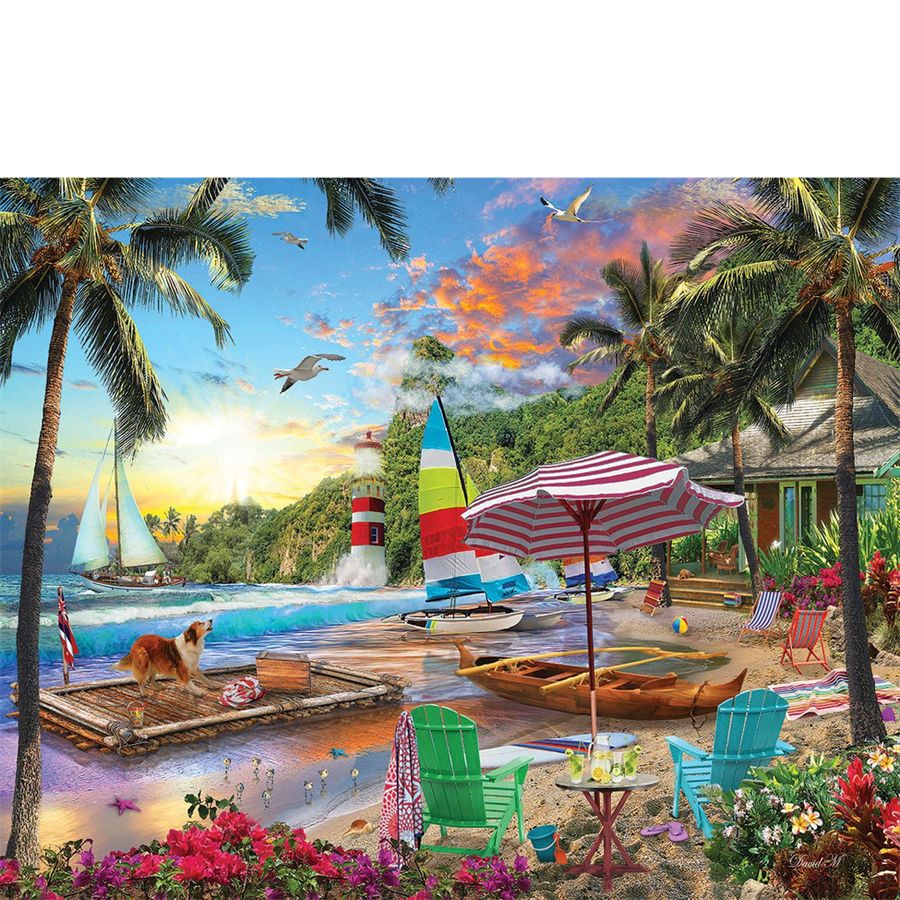 Beach scene with palm trees, lounge chairs, and a lighthouse.