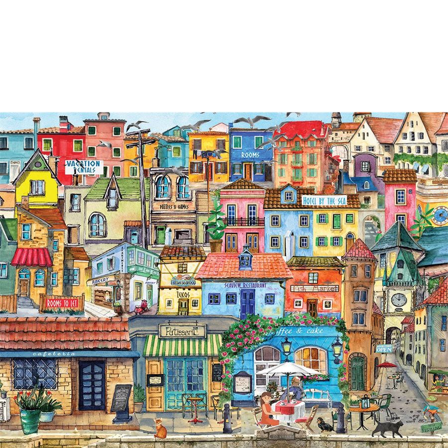 Colorful illustration of a quaint European street with various shops and buildings.