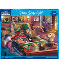 Jigsaw puzzle box titled 'Paws Gone Wild' by White Mountain Puzzles with colorful scene of animals in a room.
