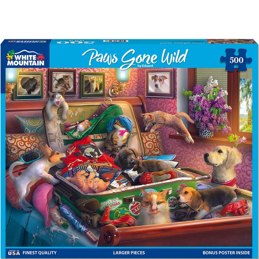 Jigsaw puzzle box titled 'Paws Gone Wild' by White Mountain Puzzles with colorful scene of animals in a room.