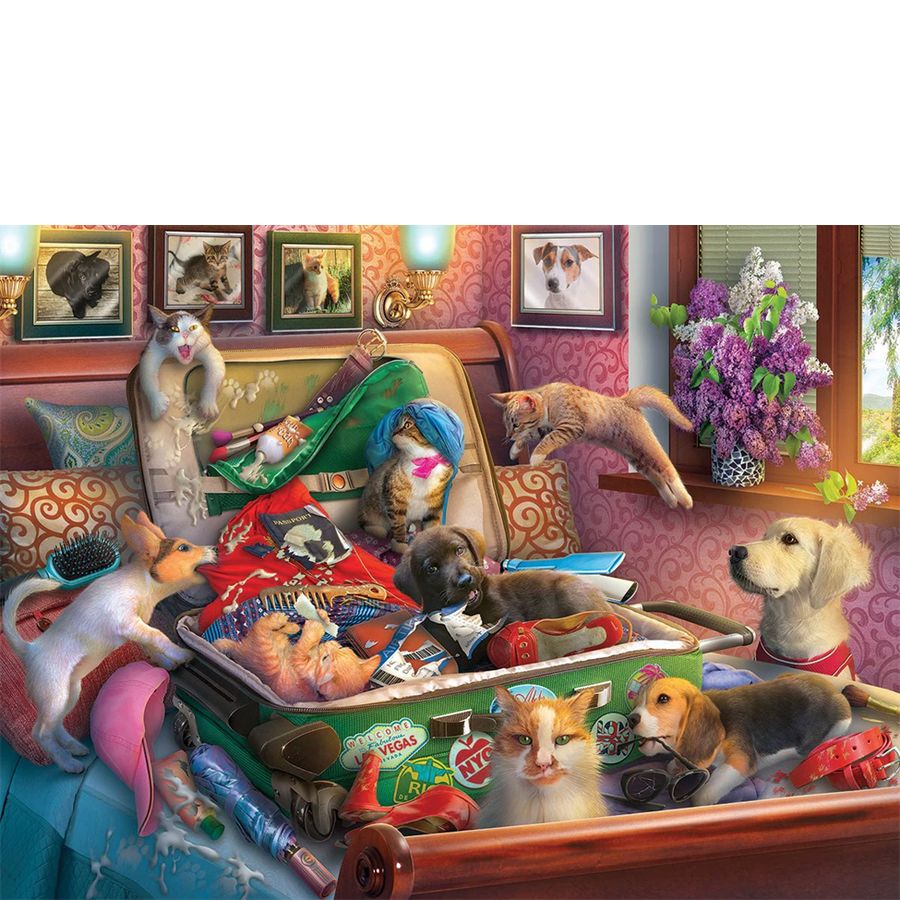 Surreal scene with animals in a room filled with toys and furniture.