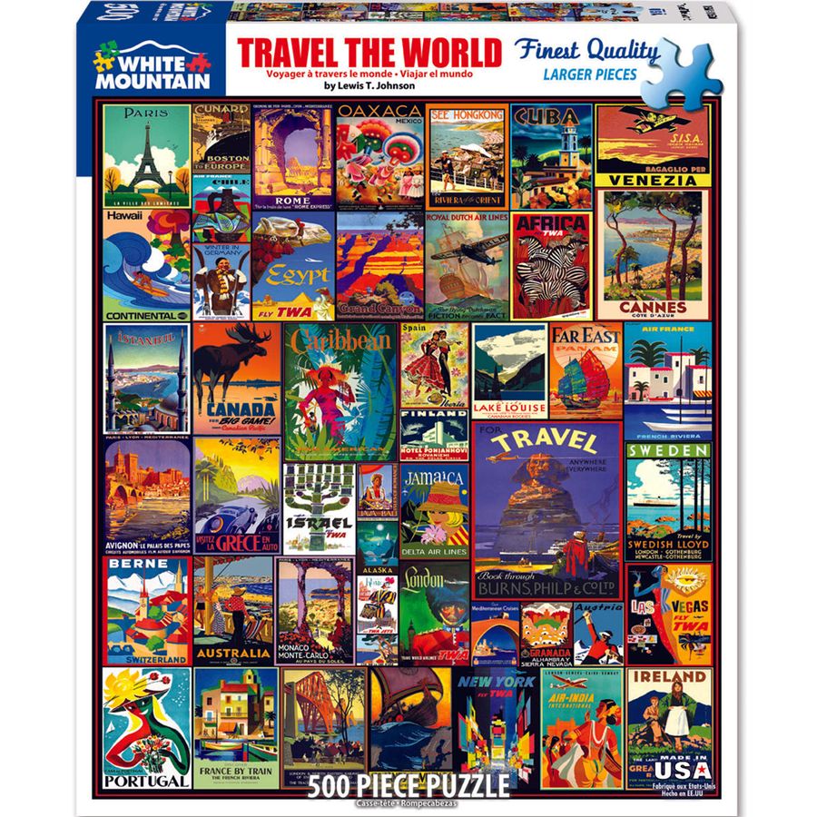 Puzzle box with travel-themed design featuring various destinations on a white background