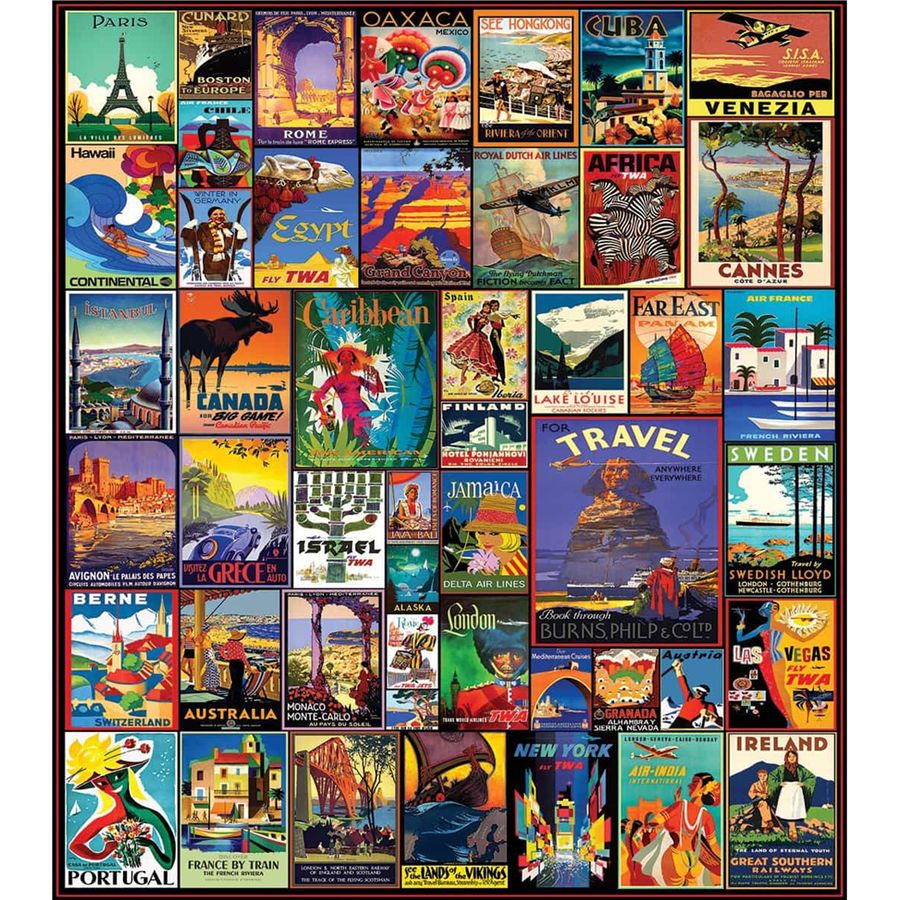 Collage of vintage travel posters from various destinations