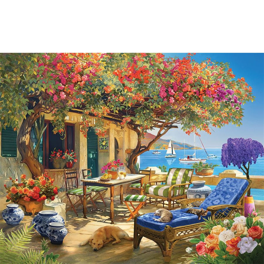 Colorful outdoor scene with a house, table, chairs, and flowers by the sea.