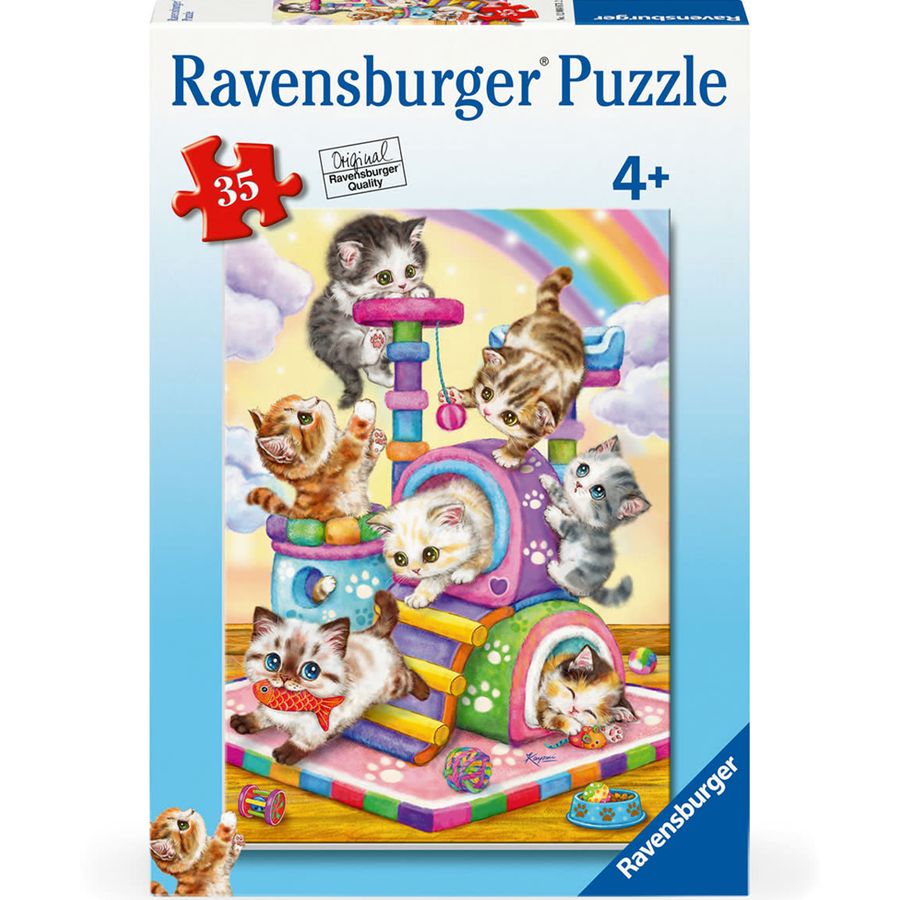 Ravensburger puzzle packaging with kittens on a play structure and rainbow