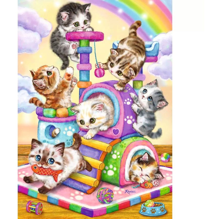 Colorful illustration of kittens playing on a playground with a rainbow in the background