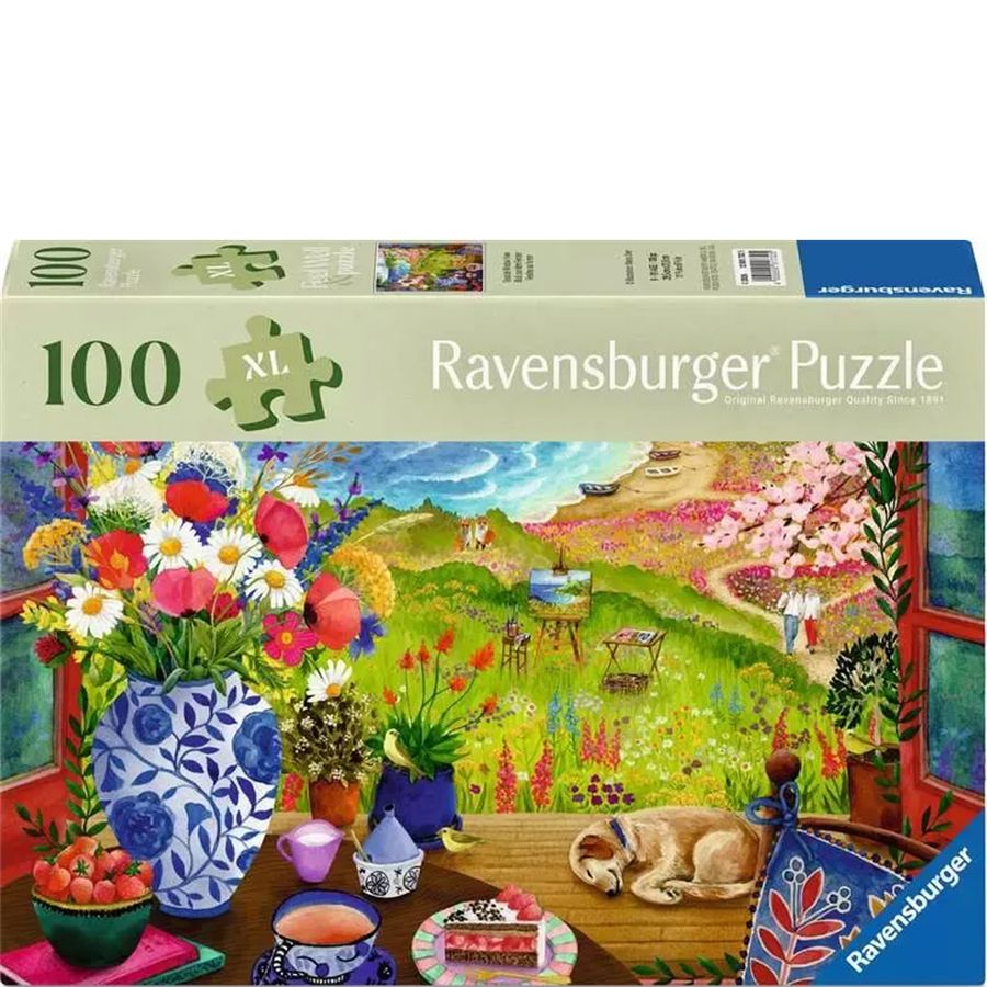 Ravensburger puzzle box with a scenic illustration of a garden and beach.