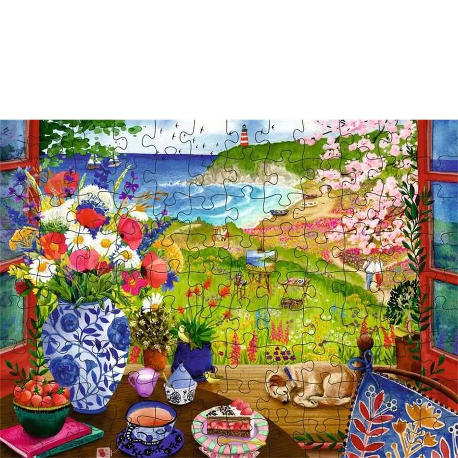 Partial puzzle of a scenic outdoor scene with flowers and a garden.
