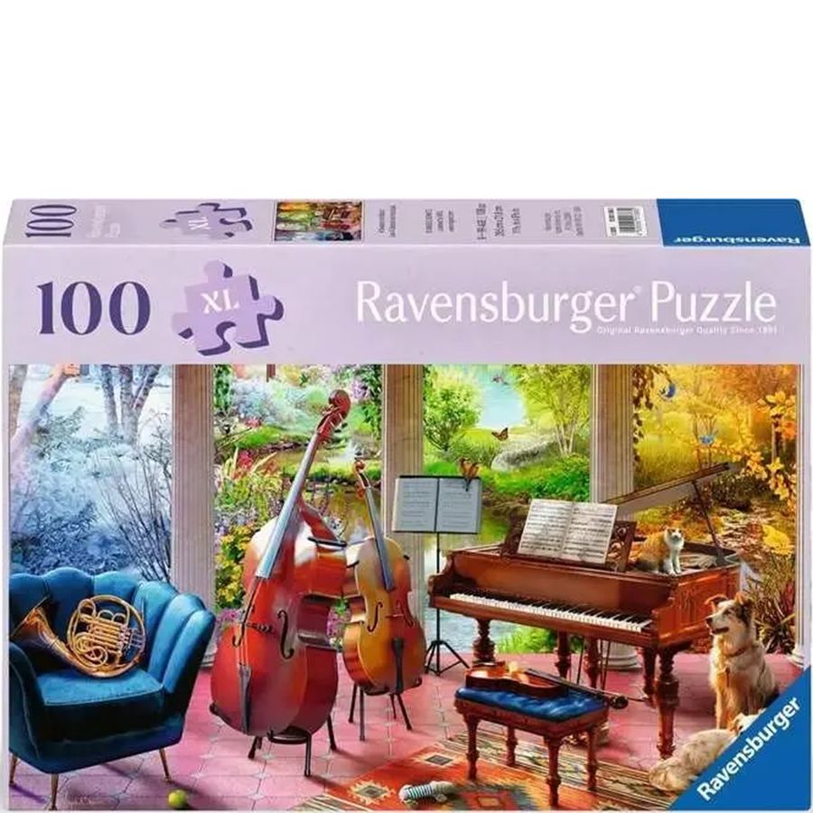 Ravensburger puzzle box with musical instruments and a dog in a room setting