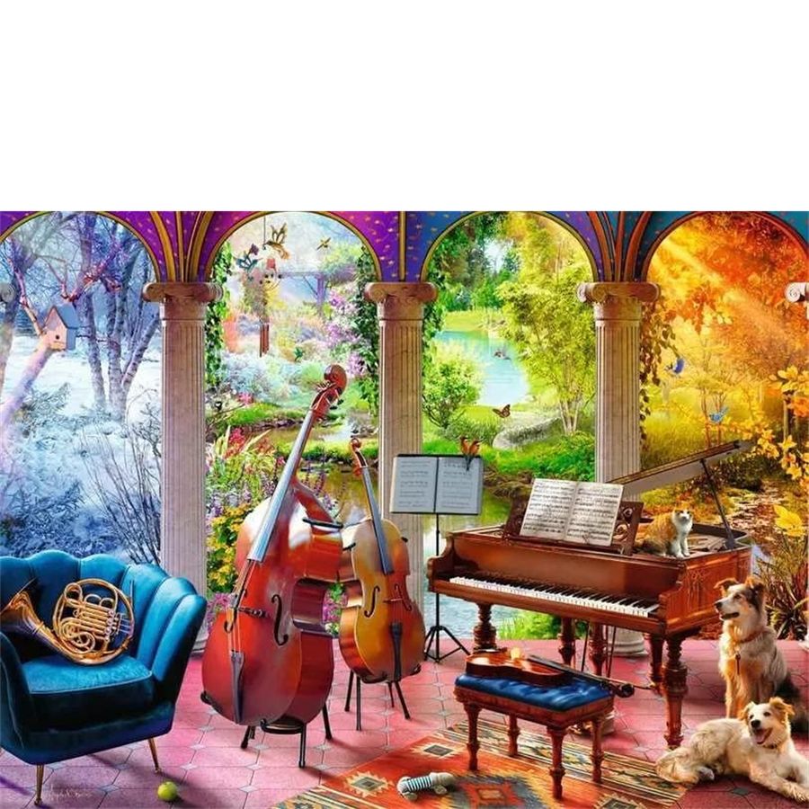 Fantasy room with musical instruments and dogs in a scenic setting