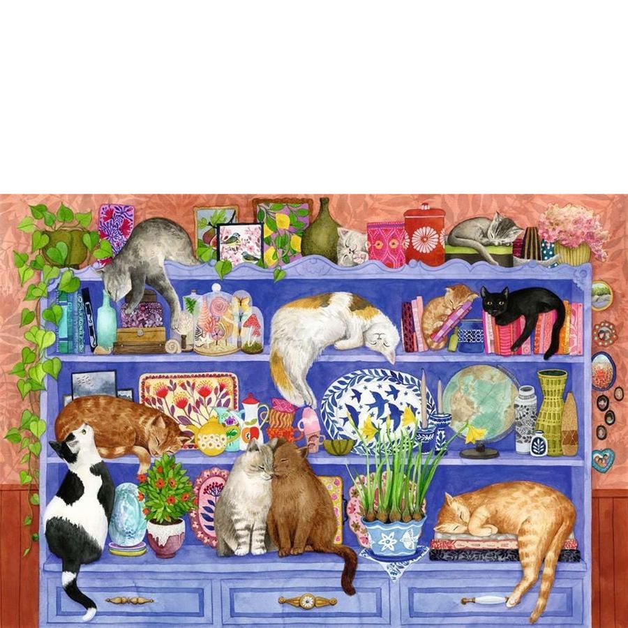 Shelf with various decorative items and cats on a colorful background