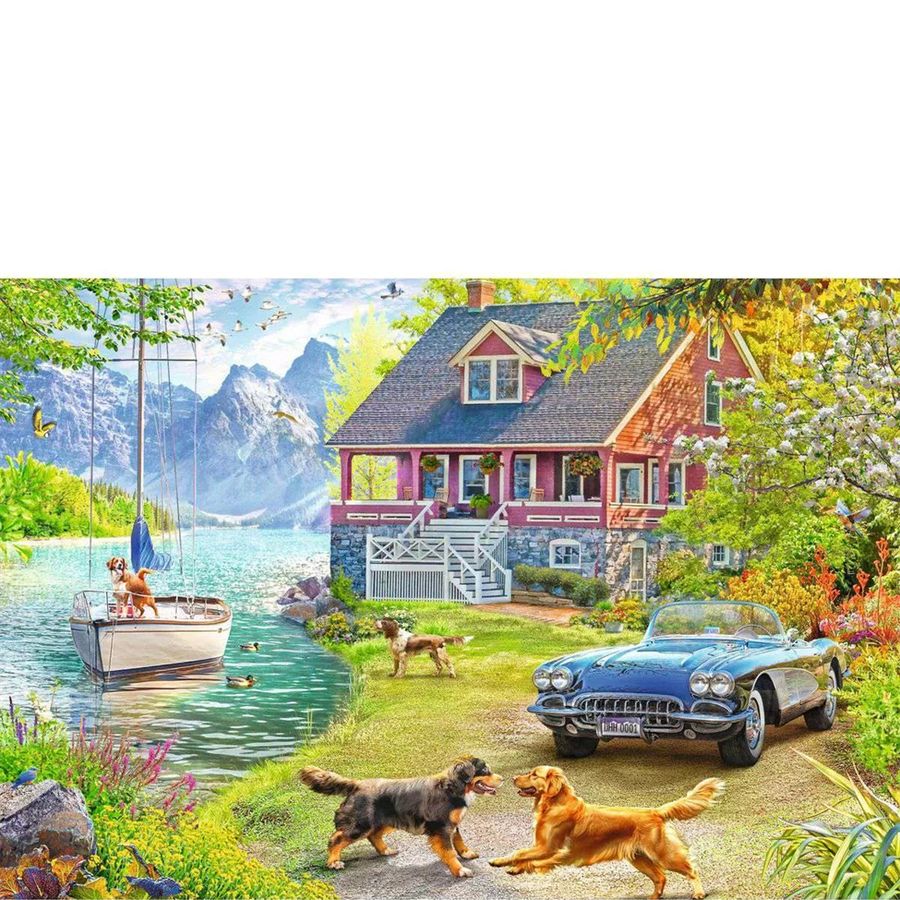 Scenic lakeside house with a boat, car, and dogs in a picturesque setting.