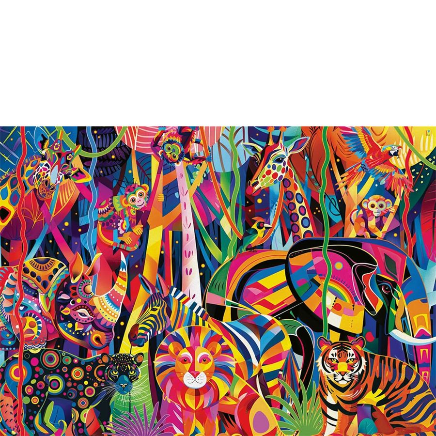 Colorful abstract artwork with animals on a white background