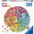 Ravensburger 500-piece puzzle packaging with colorful flowers on a white background