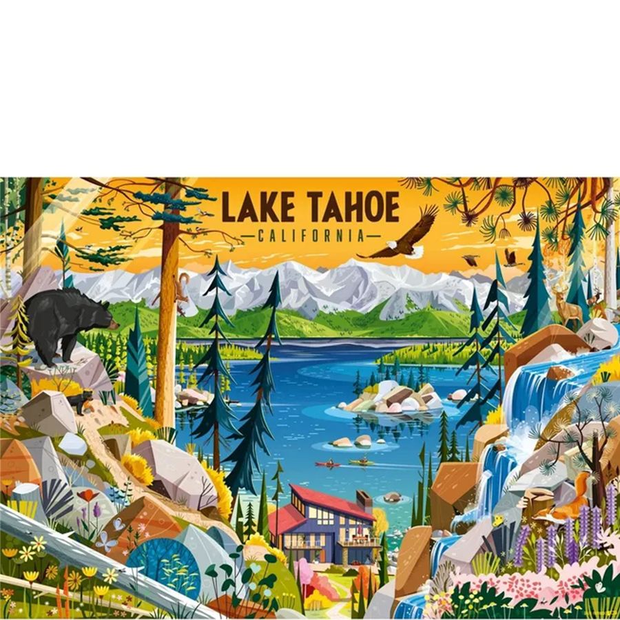 Illustration of Lake Tahoe with mountains, trees, and a lake.