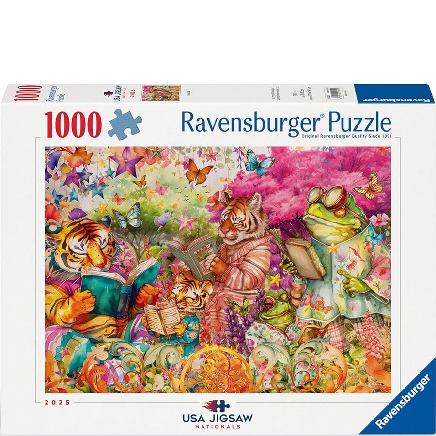 Ravensburger 1000-piece puzzle box with tiger and frog characters reading books in a colorful setting.