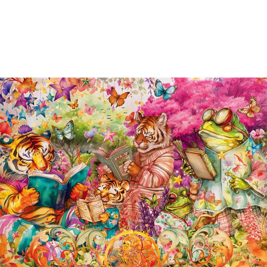 Colorful illustration of tigers and a frog reading books in a garden setting with flowers and butterflies.