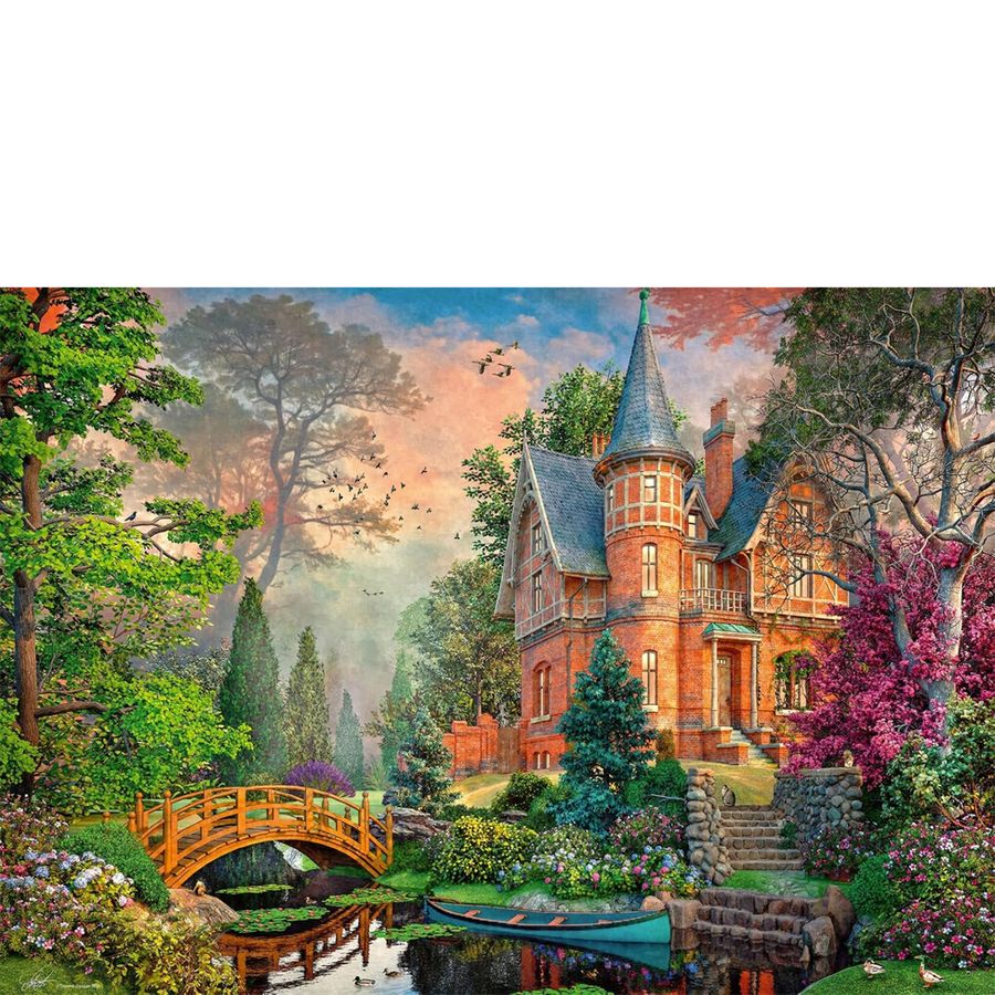 Victorian-style house with a garden and bridge in a scenic setting