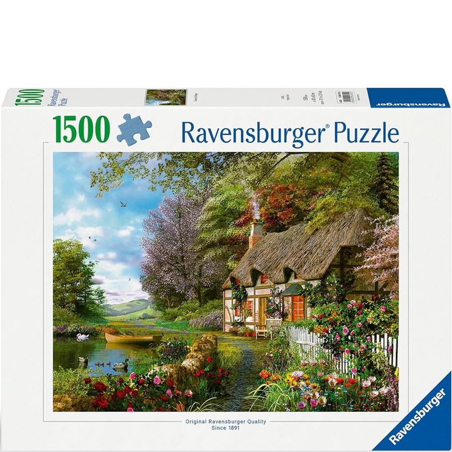 Ravensburger 1500-piece puzzle box with a scenic cottage and garden illustration.