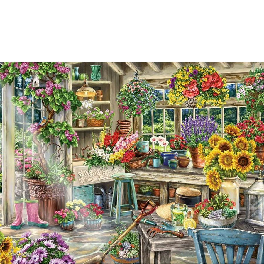 Gardening shed interior with various plants, flowers, and gardening tools.