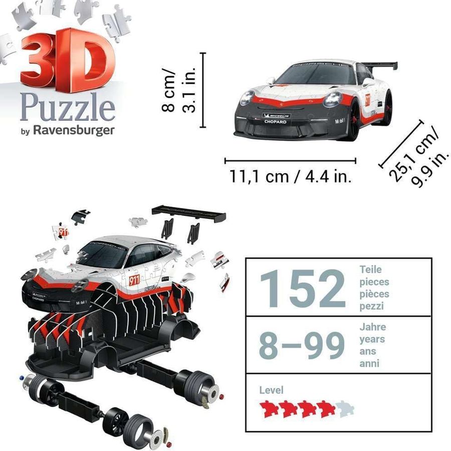 3D puzzle car model with Ravensburger branding, dimensions, and piece count displayed.