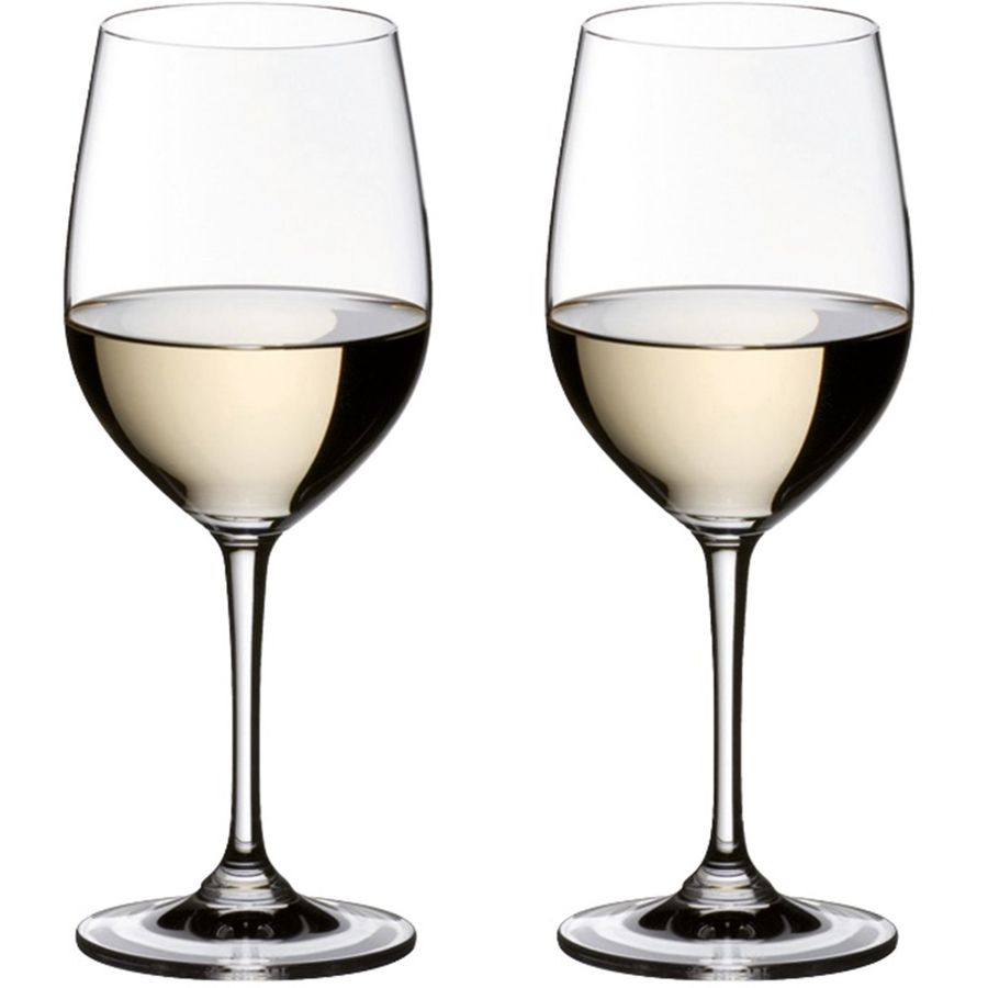 Reidel white wine glasses, clear glass, each holding pale yellow wine, set of two.