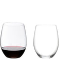 Reidel stemless wine glasses, one with red wine, clear glass, modern design.