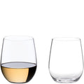 Reidel stemless wine glasses, one with white wine, one empty, clear glass, modern design.