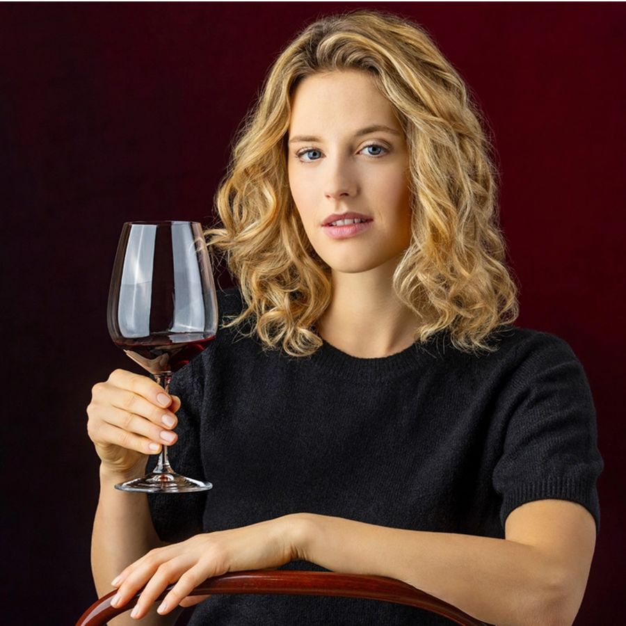 Reidel wine glass held by a woman with blonde hair against a dark red background.