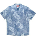 Blue and white leaf-patterned shirt on a white background