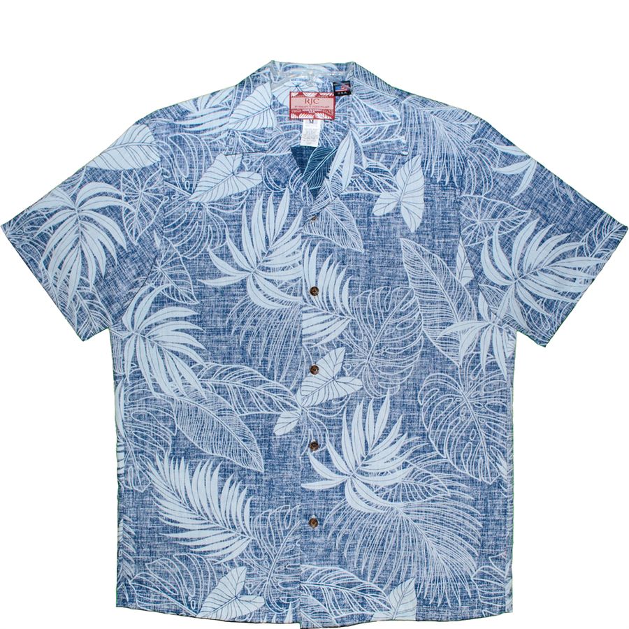 Blue and white leaf-patterned shirt on a white background