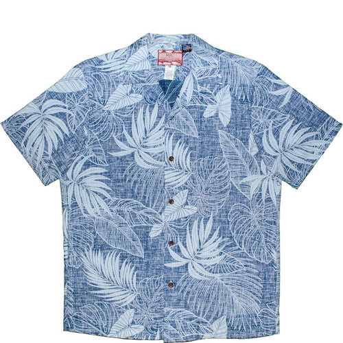 Blue and white leaf-patterned shirt on a white background