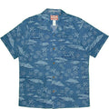 Blue Hawaiian shirt with tropical pattern on a white background