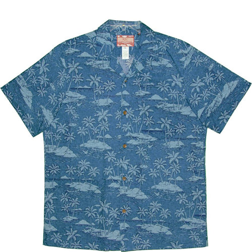 Blue Hawaiian shirt with tropical pattern on a white background