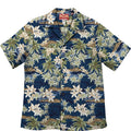 Hawaiian shirt with tropical floral and palm tree pattern on a white background