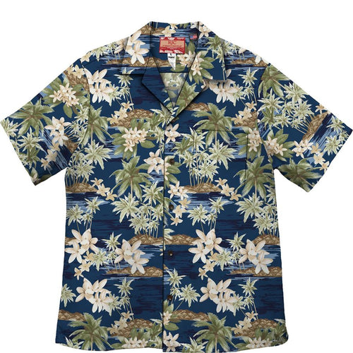 Hawaiian shirt with tropical floral and palm tree pattern on a white background